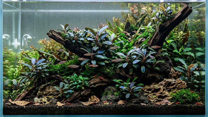 un acuario plantado maduro con bucephalandras de reflejos azulados sobre rocas y troncos, con peces pequeños y tranquilos entre las hojas