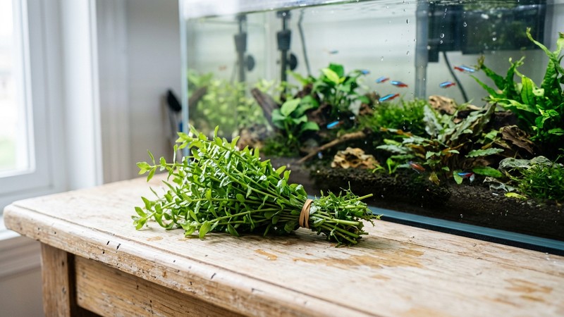 un manojo de tallos verdes de planta de acuario atados con una pequeña goma, apoyado sobre una mesa clara junto a una pecera