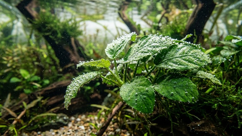 un primer plano de hojas verdes de planta acuática con pequeñas burbujas de oxígeno pegadas a la superficie de las hojas dentro del agua