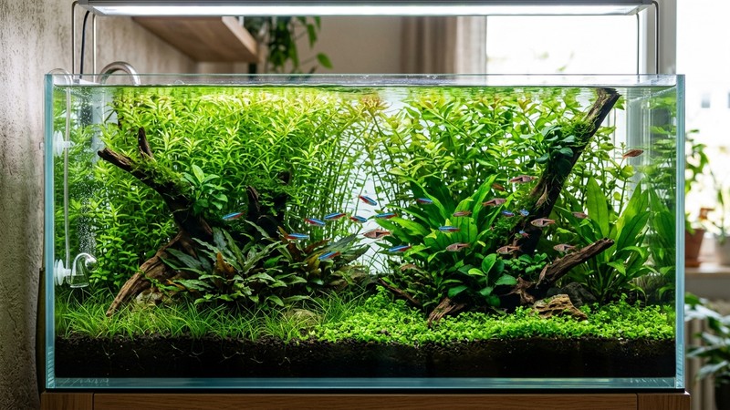 un acuario nuevo densamente plantado con tallos verdes altos al fondo y agua perfectamente clara