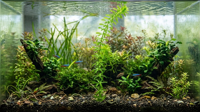 una mata de elodea verde brillante estirándose alta hacia la parte de atrás de un acuario plantado