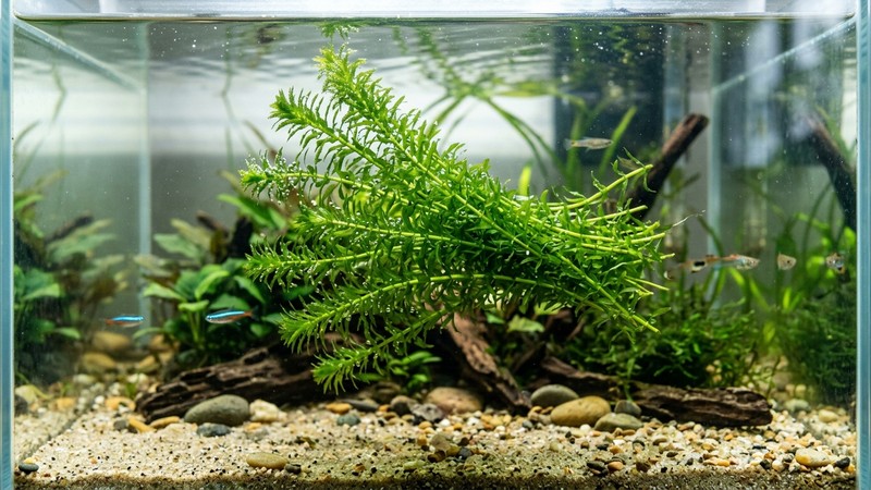 un manojo suelto de tallos verdes de elodea tipo planta oxigenadora, dentro de un acuario luminoso