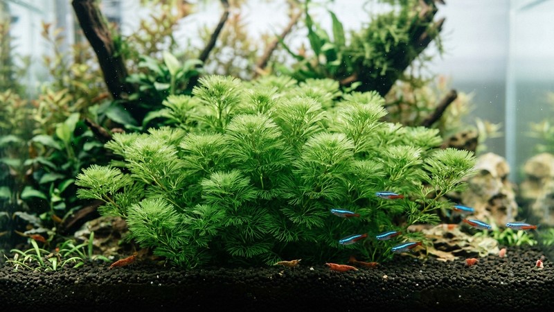 una cabomba de coronas de hojas finísimas como plumas verdes creciendo compacta y densa en la zona media de un acuario