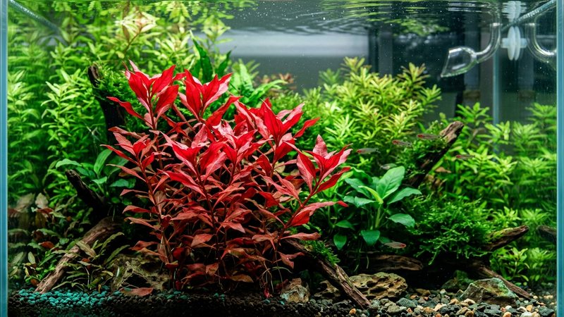 una ludwigia super red de un rojo intenso contrastando entre plantas verdes al fondo de un acuario plantado
