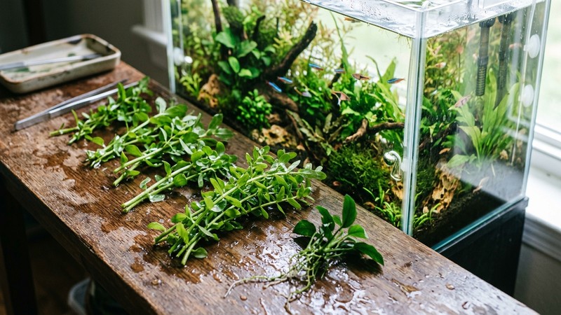 varios esquejes de puntas verdes de plantas de tallo apoyados sobre una superficie húmeda junto a un acuario plantado