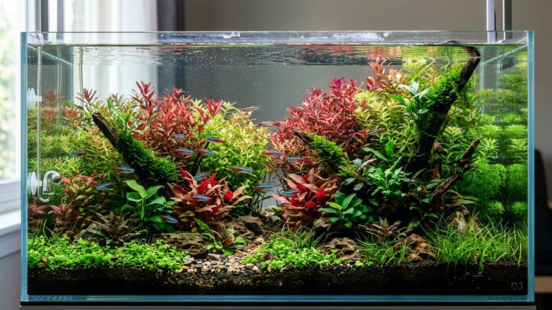 un acuario frondoso lleno de tallos verdes y rojos replantados formando un jardín sumergido con agua cristalina