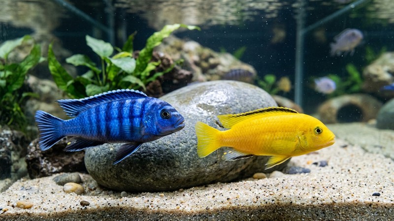 un cíclido mbuna macho de color azul eléctrico y otro amarillo limón junto a una roca lisa dentro de un acuario limpio, colores vivos pero realistas, agua transparente