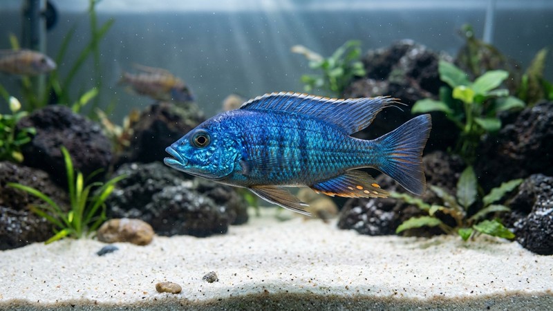 un cíclido utaka aulonocara azul con reflejos metálicos nadando en una zona de agua abierta de un acuario de fondo de arena clara, la boca ligeramente inclinada hacia arriba