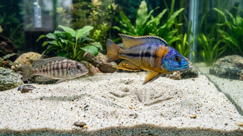 un cíclido utaka macho de colores brillantes nadando sobre un pequeño cráter excavado en la arena clara del fondo de un acuario, con una hembra cerca, agua transparente