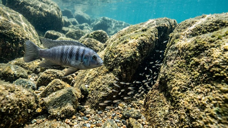 una hembra de cíclido del Malawi junto a una oquedad de roca con pequeños alevines saliendo poco a poco de entre las piedras, ambiente rocoso de biotopo, agua transparente