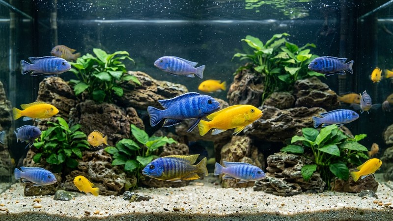 un grupo de cíclidos africanos del Malawi de varios colores, azules y amarillos, nadando en un acuario con rocas y algunas plantas anubias verdes, agua muy cristalina y sana