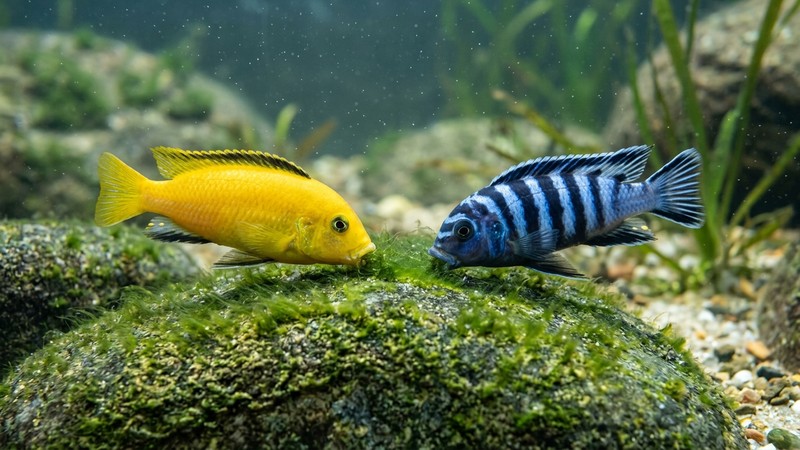 un cíclido mbuna amarillo y otro azul rayado raspando con la boca las algas verdes adheridas a la superficie de una roca lisa, en primer plano, con agua cristalina