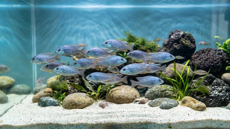 un acuario del lago Malawi repleto de cíclidos utaka de tonos azulados nadando en grupo por la columna de agua abierta sobre una cama de arena clara y rocas al fondo