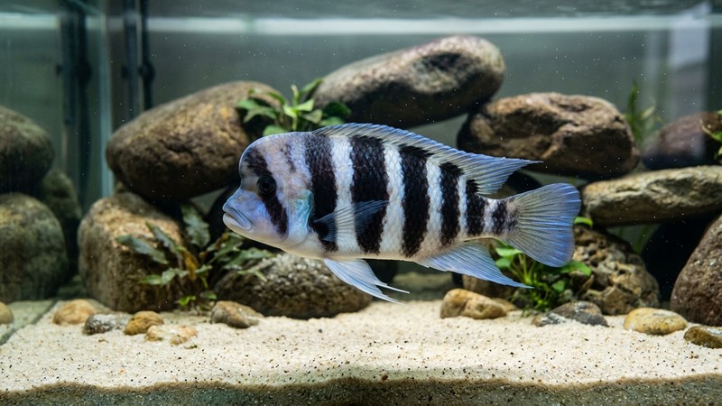 un gran cíclido haplochromis de aspecto imponente, tipo frontosa de bandas azules y blancas, nadando en un acuario amplio con grandes rocas redondeadas y arena clara