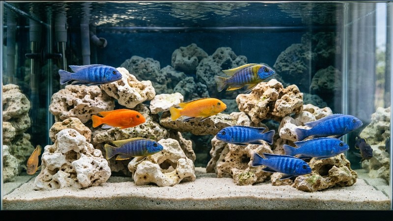 un acuario de cíclidos africanos con agua dura y cristalina, rocas claras de tipo calcáreo y peces de colores vivos nadando tranquilos entre ellas, ambiente muy limpio