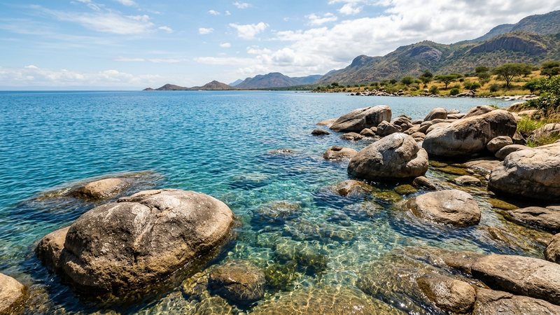 un paisaje de gran lago africano de aguas cristalinas y azules, con grandes rocas lisas asomando bajo la superficie y luz solar penetrando en el agua clara