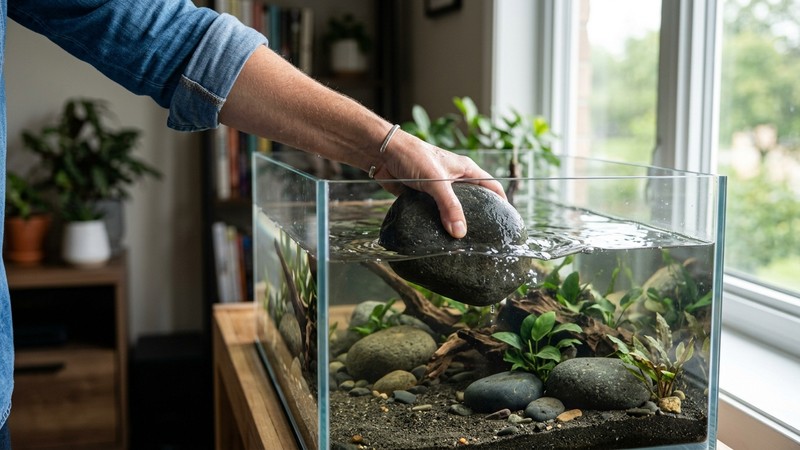 manos colocando con cuidado grandes rocas lisas sobre el cristal del fondo de un acuario vacío antes de añadir la arena, montaje de biotopo rocoso paso a paso