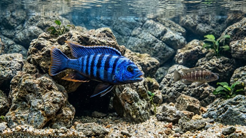 un cíclido mbuna macho dominante de color muy intenso defendiendo su territorio entre las rocas mientras otro pez se mantiene apartado, agua cristalina y fondo rocoso