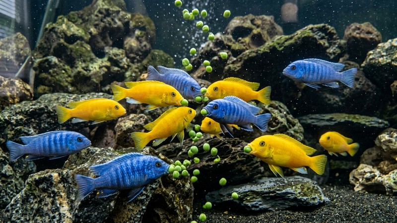 guisantes cocidos y pelados de color verde flotando y hundiéndose en un acuario mientras varios cíclidos mbuna amarillos y azules se acercan a comerlos entre las rocas
