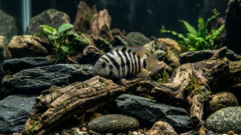 un cíclido convicto de cuerpo compacto entre rocas y troncos, con su rayado negro y blanco bien marcado