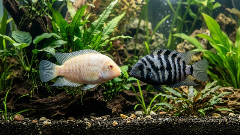 un cíclido convicto albino de color claro y ojos rojos junto a un convicto rayado clásico en un acuario plantado