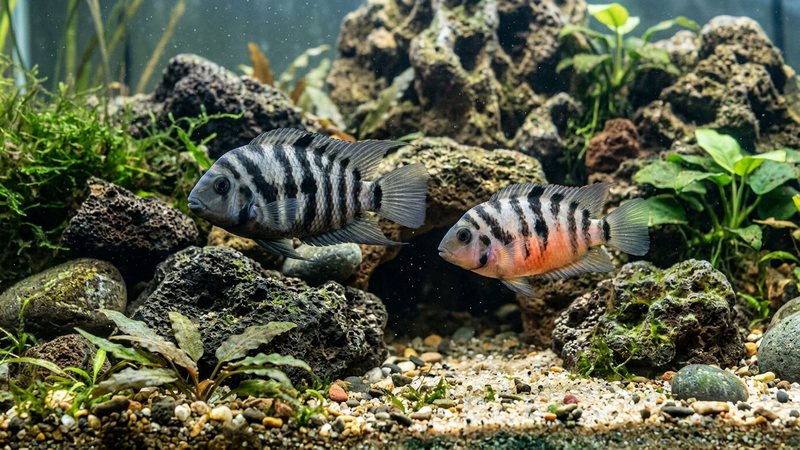 una pareja de cíclidos convicto, uno más grande y otro con el vientre anaranjado, entre piedras al fondo del acuario