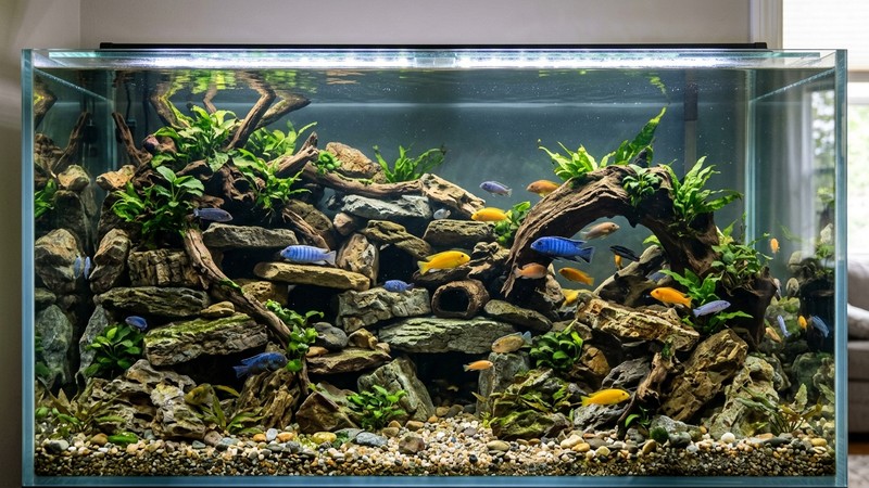 un acuario amplio decorado con muchas rocas apiladas, cuevas y troncos que forman refugios para cíclidos