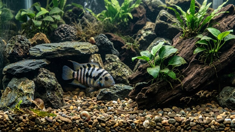 un cíclido convicto explorando cuevas y rocas en el fondo de grava de su acuario, con plantas de hoja dura atadas a los troncos