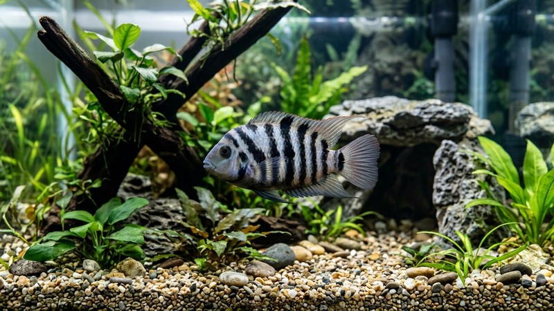un cíclido convicto sano y vigoroso nadando en agua cristalina de un acuario bien filtrado