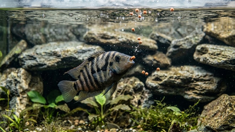 un cíclido convicto comiendo gránulos que caen sobre el agua de un acuario con rocas al fondo