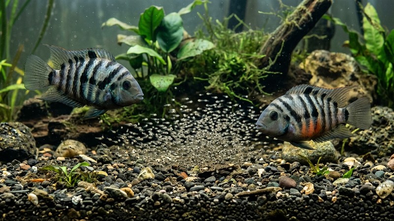 una pareja de cíclidos convicto adultos rodeando una nube de pequeños alevines cerca del fondo del acuario