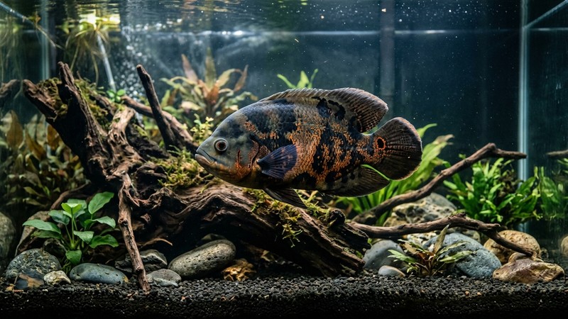 un gran pez óscar de cuerpo oscuro moteado nadando en un acuario amplio con rocas y troncos