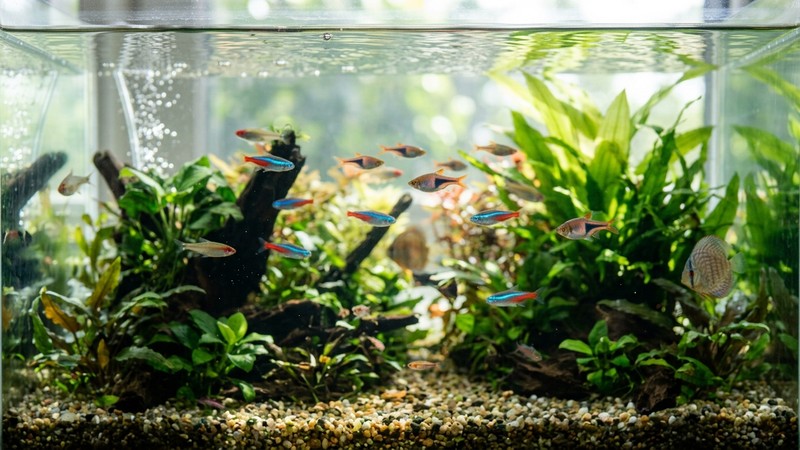 un primer plano del agua cristalina de un acuario con la luz natural atravesando la columna de agua y peces de colores al fondo