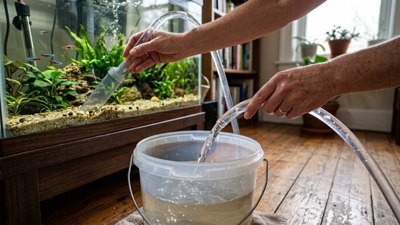 dos manos sosteniendo un sifón de acuario que extrae agua hacia una cubeta limpia colocada en el suelo