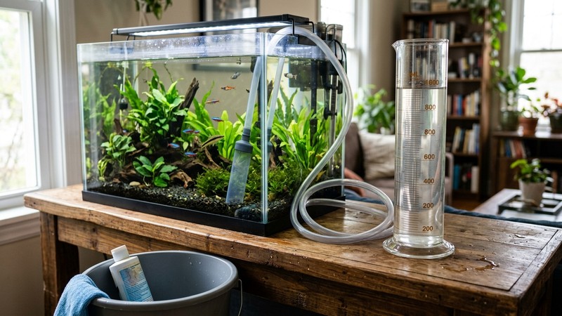 una cubeta graduada llena de agua junto a un acuario, lista para un cambio parcial de agua