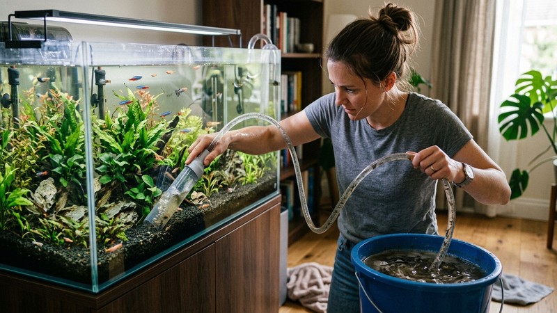 una persona haciendo el cambio de agua semanal de su acuario con un sifón introducido en el tanque