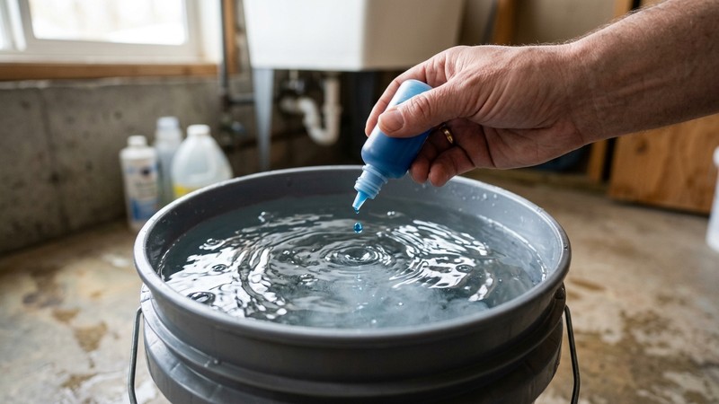 una mano añadiendo unas gotas de acondicionador de agua con un dosificador a una cubeta llena de agua nueva
