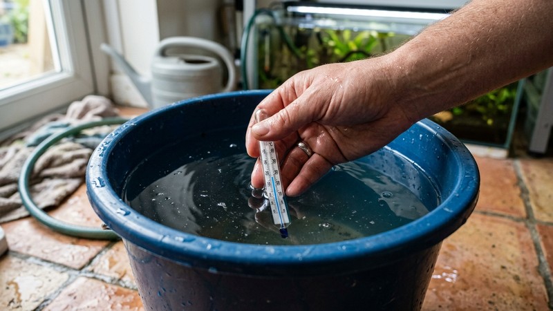 una mano sujetando un termómetro dentro del agua de una cubeta para comprobar la temperatura antes de un cambio de agua
