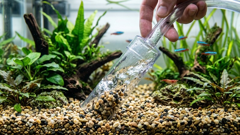 un primer plano de una aspiradora de grava sifonando el sustrato del fondo de un acuario limpio