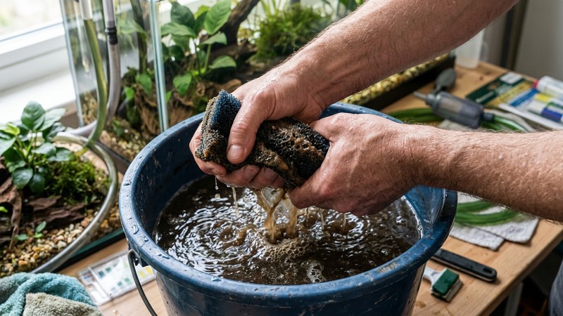unas manos enjuagando una esponja de filtro dentro de una cubeta con agua del propio acuario