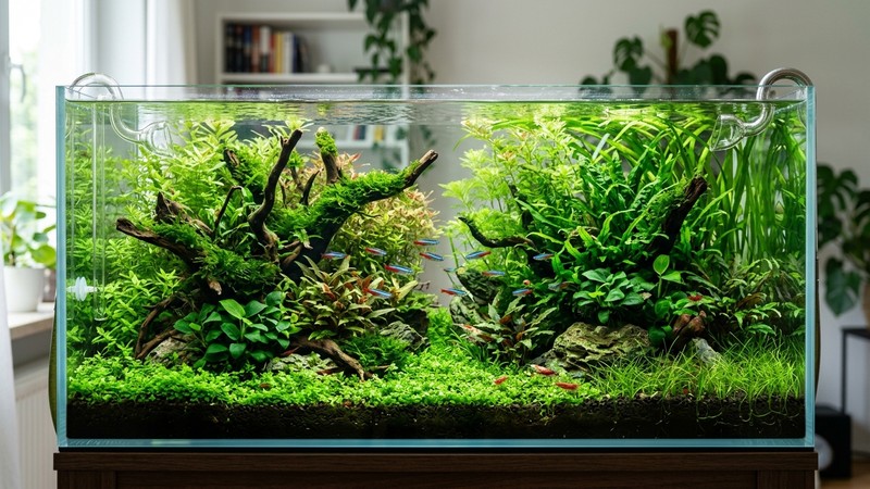 un acuario muy plantado de estilo natural, denso de vegetación verde y con el agua muy clara