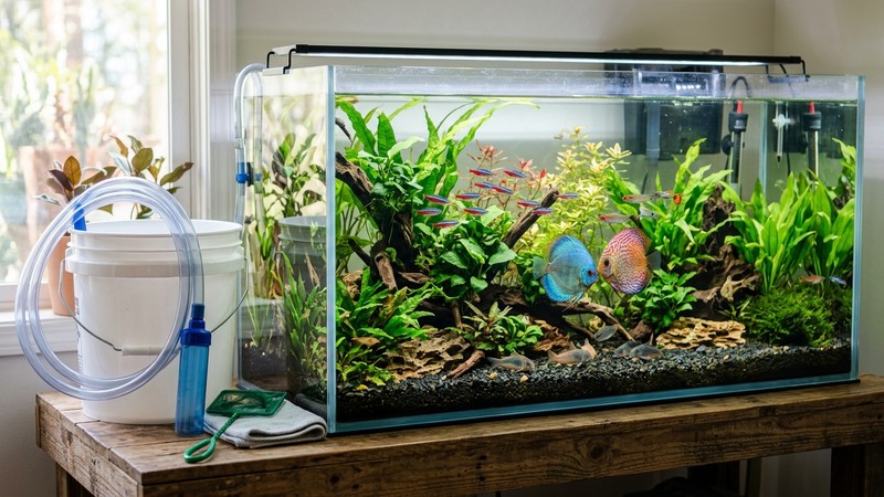 un acuario sano y equilibrado con peces vigorosos y coloridos, el agua cristalina y una cubeta y un sifón limpios a un lado