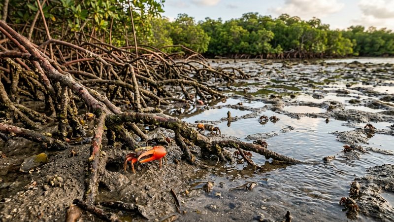 un manglar costero de aguas salobres con raíces expuestas, arena y charcas someras, ambiente cálido tropical al que pertenece el cangrejo violinista en la naturaleza