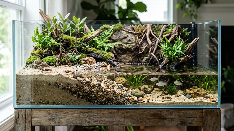 un acuaterrario montado con una zona de agua somera de aguas salobres cristalinas y una zona de tierra elevada de arena, conectadas por una suave pendiente de grava