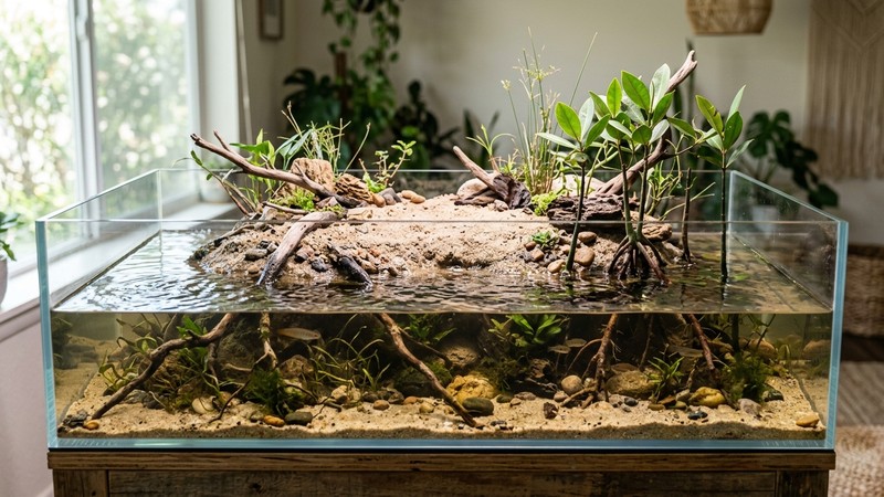 una isla de arena elevada dentro de un acuaterrario, formando una amplia zona de tierra seca sobre el nivel del agua salobre