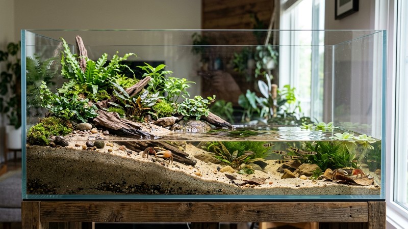 un acuaterrario equilibrado con amplia zona de arena y una lámina de agua salobre somera, ambas partes bien proporcionadas y visibles