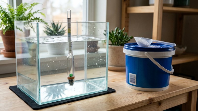 un hidrómetro de acuario flotando en agua salobre cristalina junto a un recipiente de sal marina para acuarios sobre una mesa clara