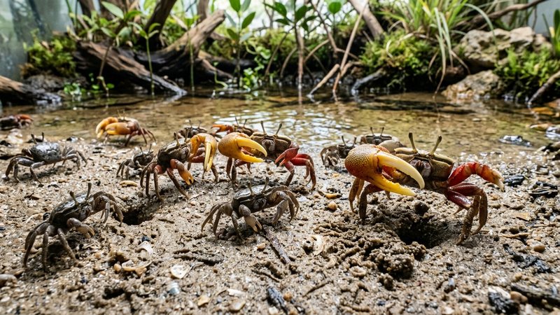 varios cangrejos violinistas reunidos en la orilla de arena de un acuaterrario, algunos machos con pinza grande y otras hembras más pequeñas, agua salobre somera al fondo