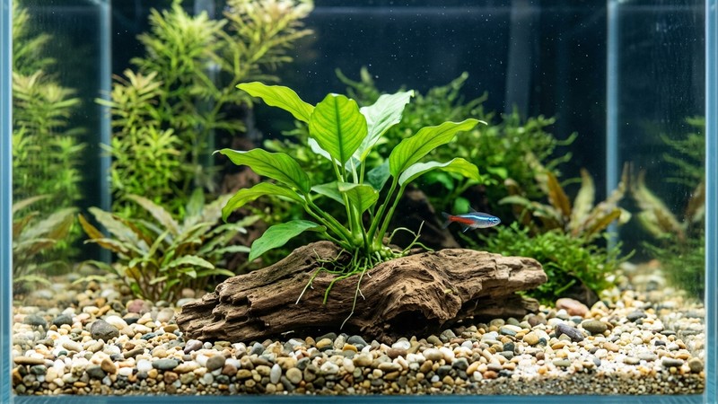 una planta acuática verde y sana recién colocada en un acuario limpio de agua muy transparente