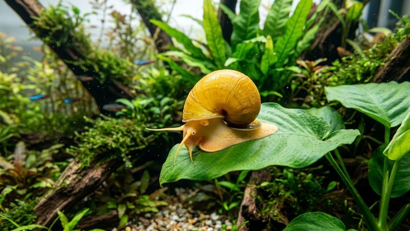 un gran caracol manzana ampularia de concha dorada sobre una hoja verde ancha en un acuario limpio y bien plantado